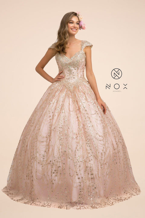 Glitter Cap Sleeve Ball Gown by Nox Anabel U803