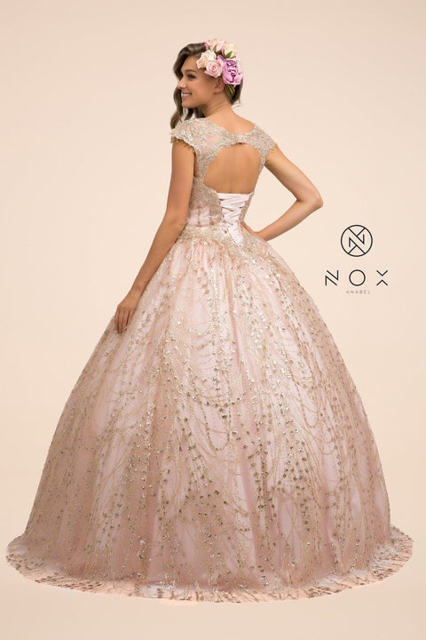 Glitter Cap Sleeve Ball Gown by Nox Anabel U803