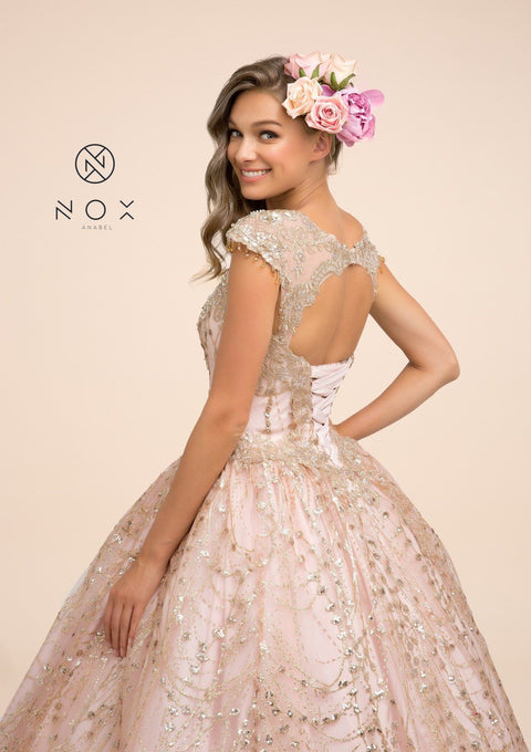 Glitter Cap Sleeve Ball Gown by Nox Anabel U803