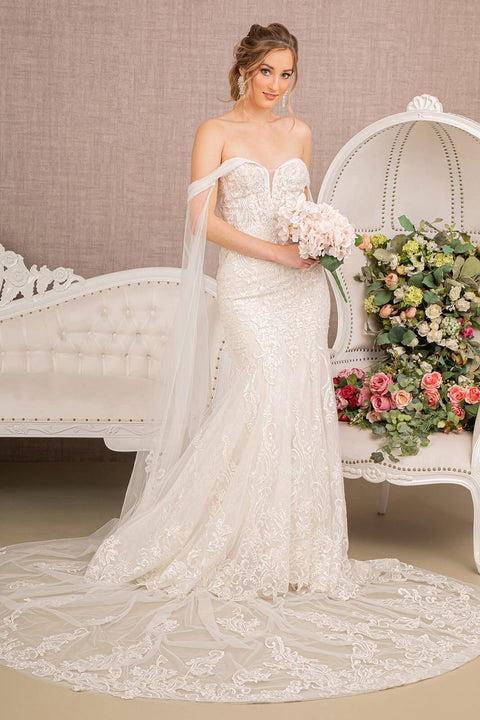 Off White Gls by Gloria GL1935's Mermaid Wedding Gown with Cape by Elizabeth K