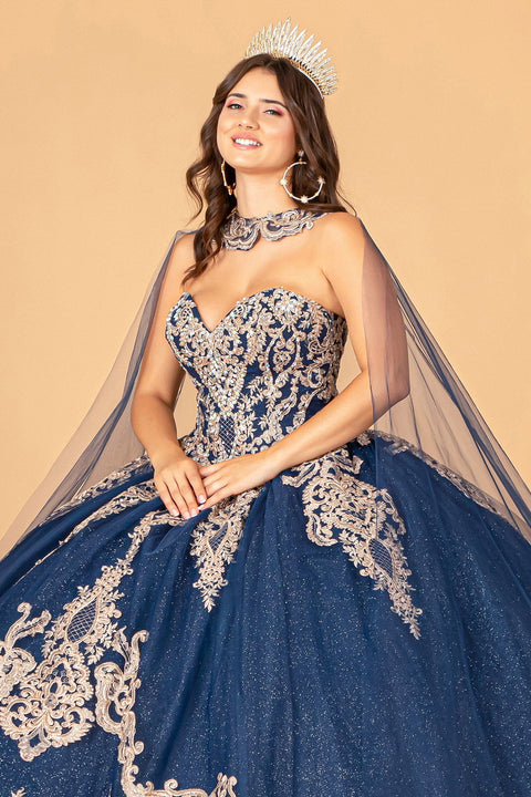 Glittery Cape Strapless Ball Gown by Elizabeth K GL3078