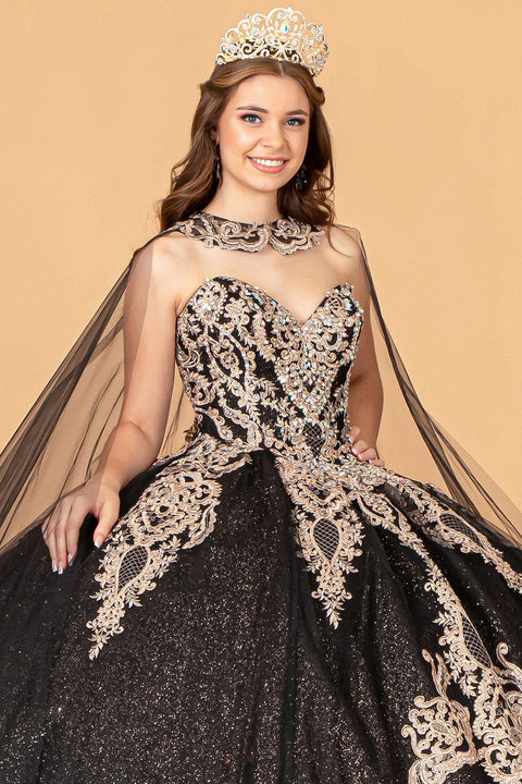 Glittery Cape Strapless Ball Gown by Elizabeth K GL3078