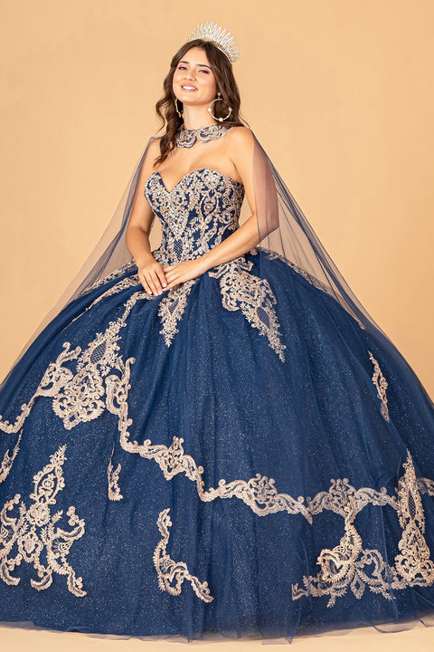 Glittery Cape Strapless Ball Gown by Elizabeth K GL3078