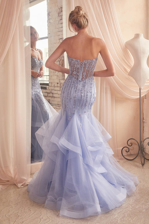 Ladivine CD332 presents a beaded strapless tiered mermaid dress.