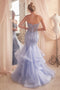 Ladivine CD332 presents a beaded strapless tiered mermaid dress.