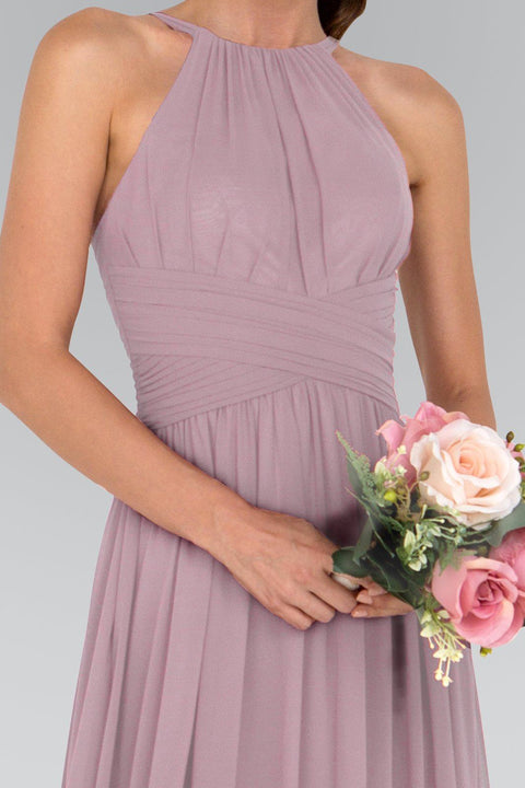 GL1524 by Elizabeth K: Mauve Chiffon Dress, High-Neck, Ruched Detail