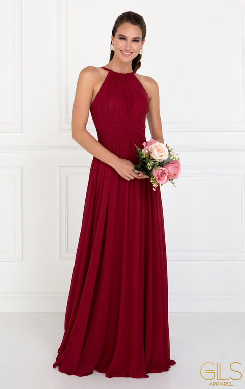 GL1524 by Elizabeth K: Mauve Chiffon Dress, High-Neck, Ruched Detail