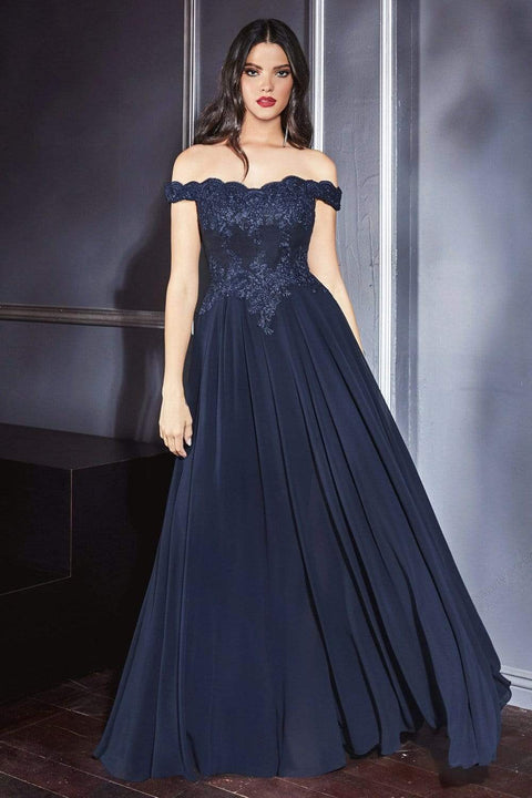 Cinderella Divine 7258 - A-Line Flowy Chiffon Gown Lace Embellished