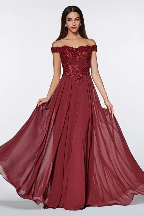 Cinderella Divine 7258 - A-Line Flowy Chiffon Gown Lace Embellished