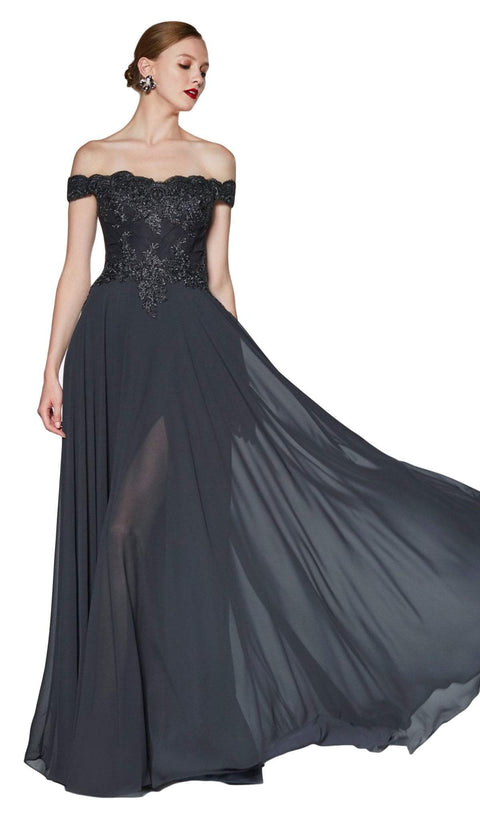 Cinderella Divine 7258 - A-Line Flowy Chiffon Gown Lace Embellished