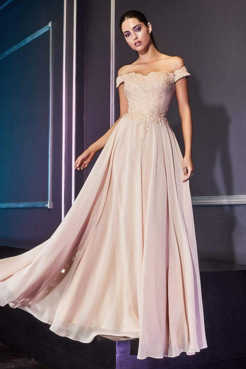 Cinderella Divine 7258 - A-Line Flowy Chiffon Gown Lace Embellished