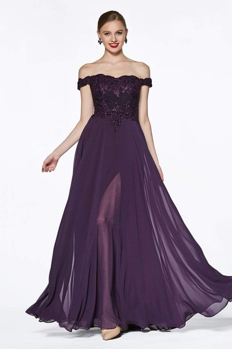 Cinderella Divine 7258 - A-Line Flowy Chiffon Gown Lace Embellished