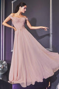 Cinderella Divine 7258 - A-Line Flowy Chiffon Gown Lace Embellished
