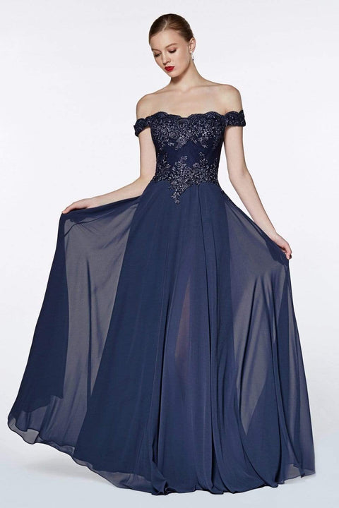 Cinderella Divine 7258 - A-Line Flowy Chiffon Gown Lace Embellished