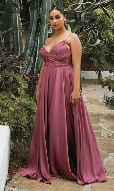 Cinderella Divine 7485C - High Slit Gown with Spaghetti Strap