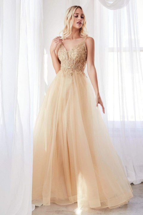 Cinderella Divine CD0154 - Tulle Dress with Plunging Beaded Appliqued