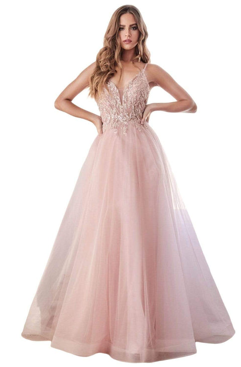 Cinderella Divine CD0154 - Tulle Dress with Plunging Beaded Appliqued