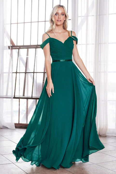 Cinderella Divine CD0156 - Pleated Bodice Off Shoulder Chiffon Dress