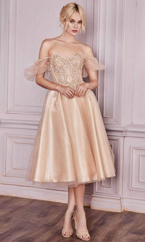Cinderella Divine CD0187 - Tea-Length Dress with Puff Sleeves