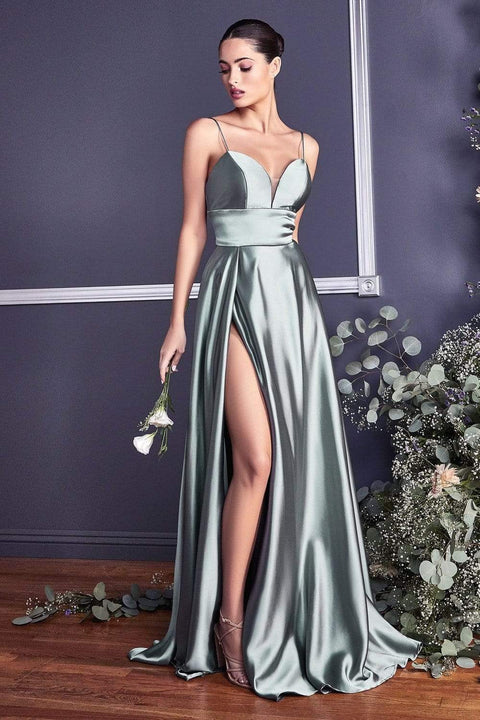 Cinderella Divine CJ523 - Sweetheart Neckline Satin Gown with High Slit