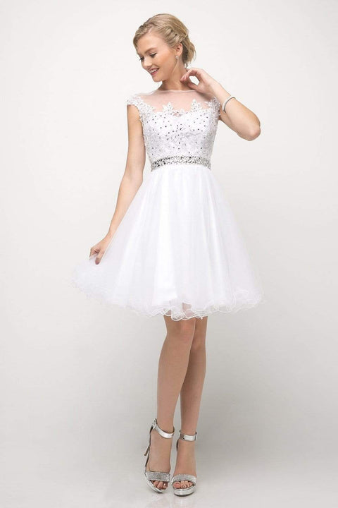 Cinderella Divine UJ0012 - Cocktail Dress with Illusion Shoulders Ruffled Hem