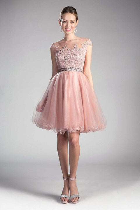 Cinderella Divine UJ0012 - Cocktail Dress with Illusion Shoulders Ruffled Hem