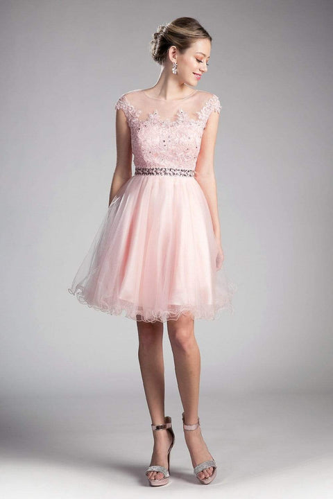Cinderella Divine UJ0012 - Cocktail Dress with Illusion Shoulders Ruffled Hem