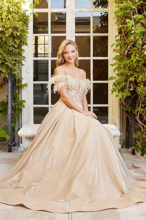Adora 3128's Metallic Glitter Feather Gown with Cold Shoulder Design