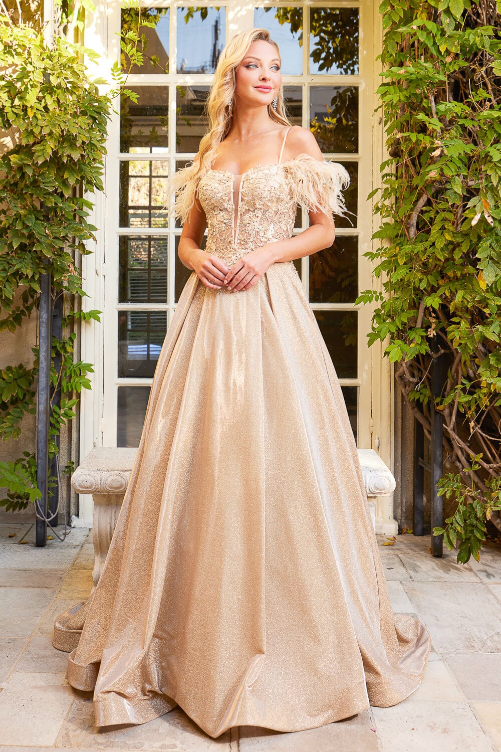 Adora 3128's Metallic Glitter Feather Gown with Cold Shoulder Design–  sheerdreamz