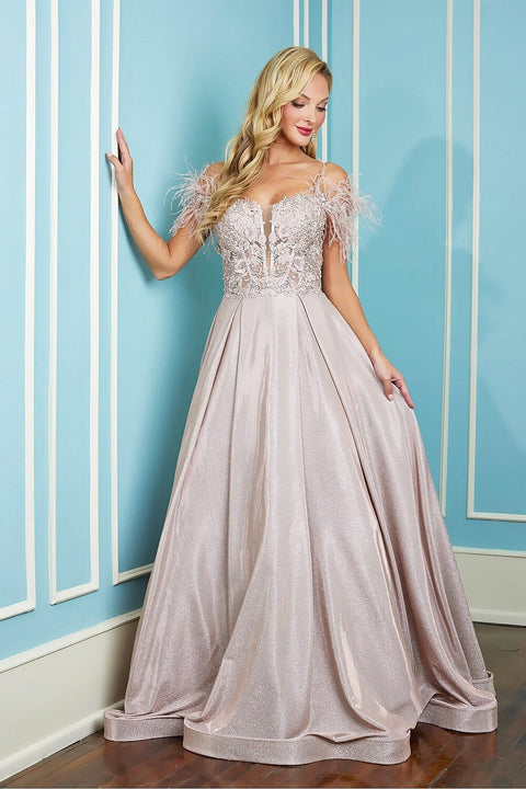Adora 3128's Metallic Glitter Feather Gown with Cold Shoulder Design