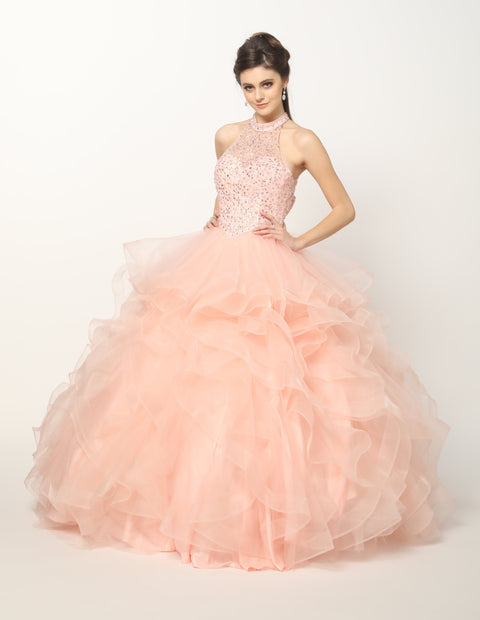 High Neck Ruffled Ball Gown by Juliet 1420