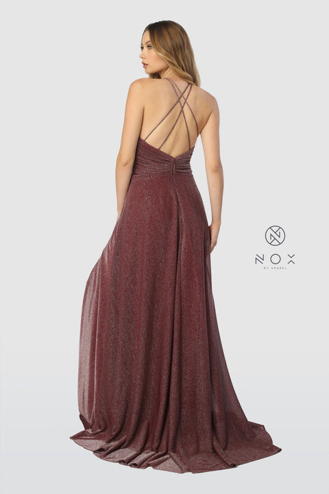 High Neck Waist Plates Long Dress with Side Slit _E184 by Nox Anabel