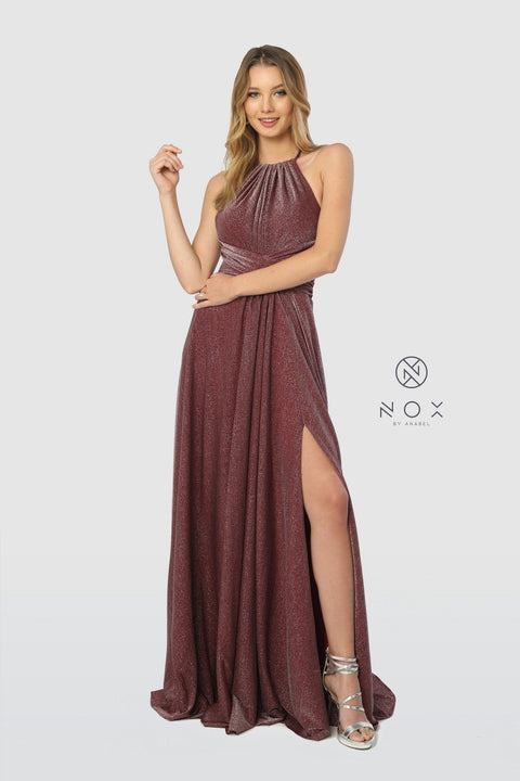 High Neck Waist Plates Long Dress with Side Slit _E184 by Nox Anabel