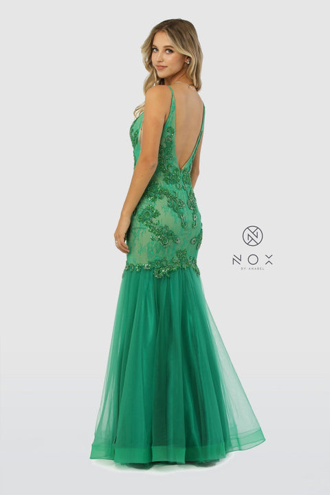 V Neckline Mermaid Sleeveless Beading Tulle Dress_E185 by Nox Anabel