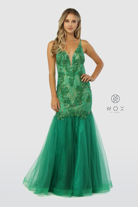 V Neckline Mermaid Sleeveless Beading Tulle Dress_E185 by Nox Anabel