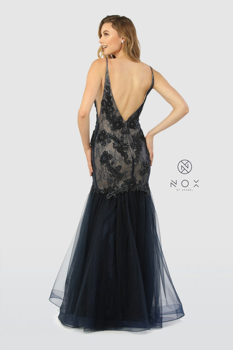 V Neckline Mermaid Sleeveless Beading Tulle Dress_E185 by Nox Anabel