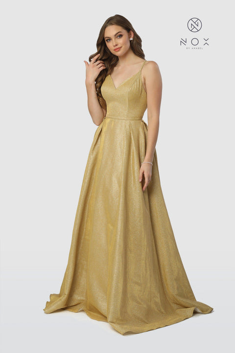 Sweetheart V-Neckline Long Glitter A-Line with Pocket_E228 by Nox Anabel