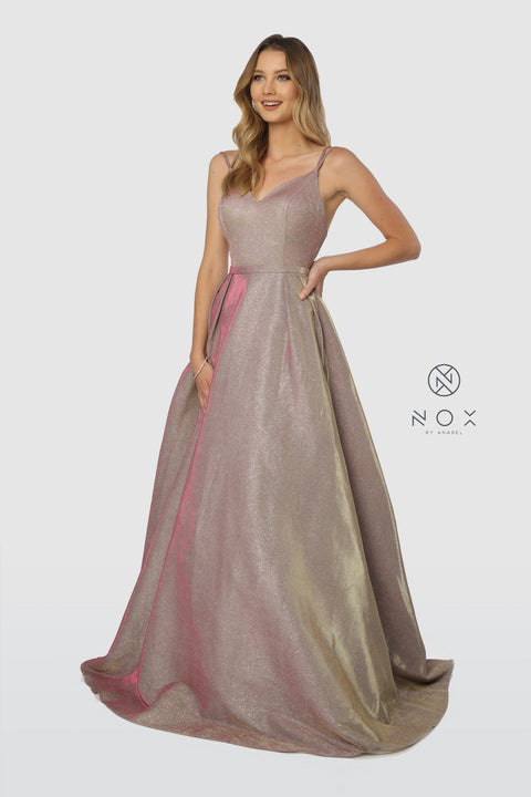 Sweetheart V-Neckline Long Glitter A-Line with Pocket_E228 by Nox Anabel