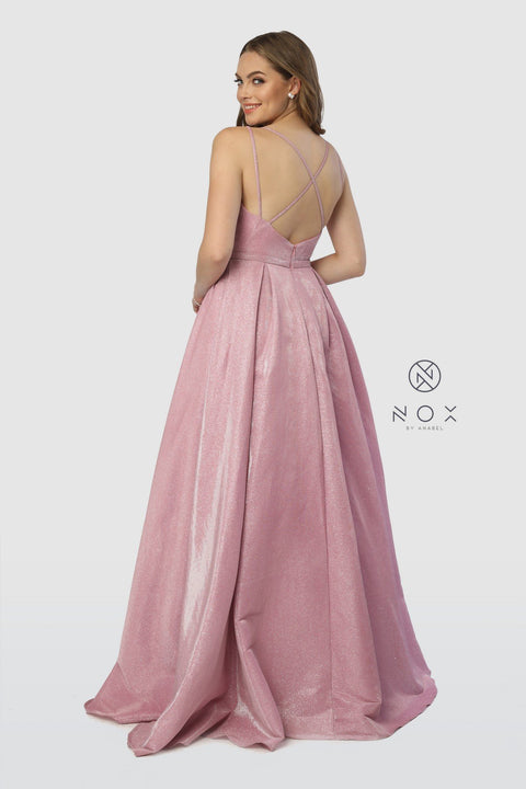 Sweetheart V-Neckline Long Glitter A-Line with Pocket_E228 by Nox Anabel