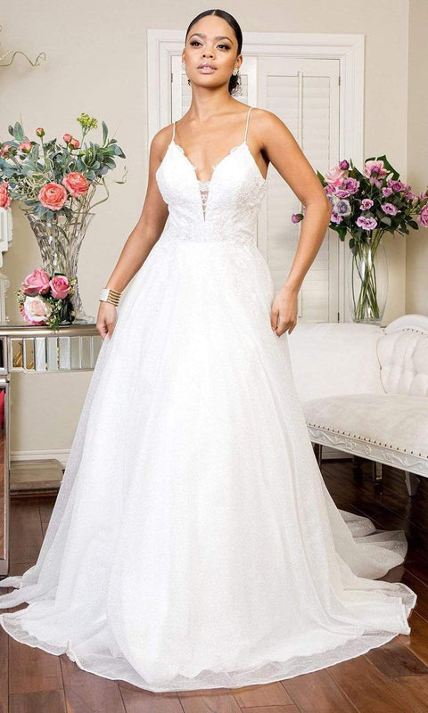 Ivory Elizabeth K - GL1904 Deep V Neck Glitter Mesh A-line Gown by Elizabeth K Bridal