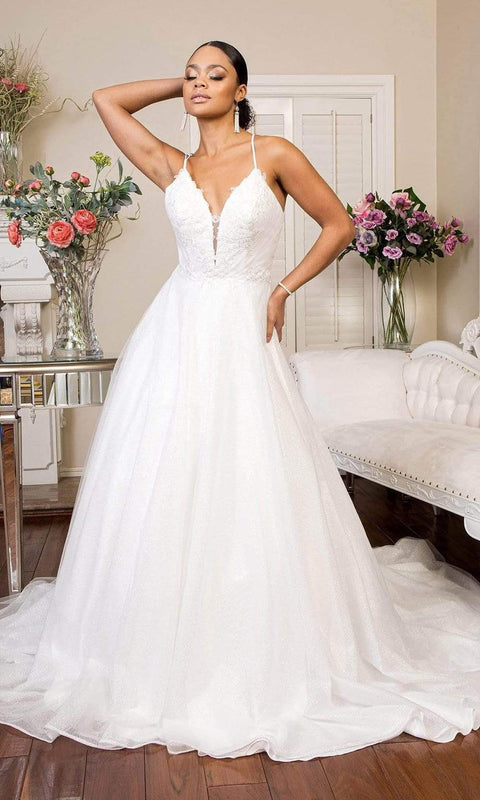 Ivory Elizabeth K - GL1905 Embroidered Deep V Neck Mesh A-line Gown by Elizabeth K Bridal