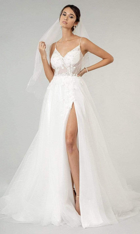 Ivory Elizabeth K - GL1907 V-Neck Embroidered Sheer Bodice Slit Wedding Gown by Elizabeth K Bridal