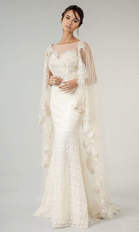 Ivory Elizabeth K - GL1918 Lace Embroidered Sheath Bridal Gown with Cape by Elizabeth K Bridal