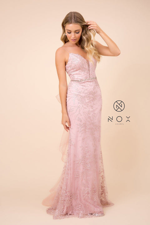 Long Embellished Fitted V-Neck Dress by Nox Anabel T314