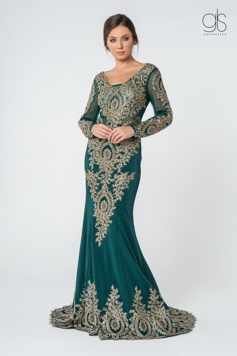 Elizabeth K GL1597's Mermaid Gown with Embellished Long Sleeves