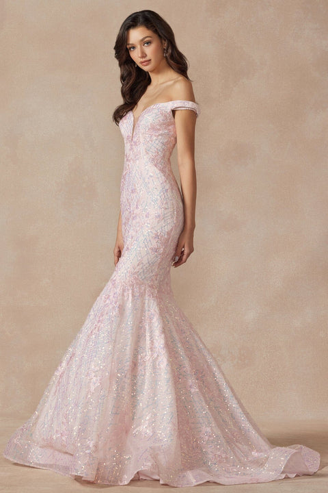 Juliet 2412's Mermaid Dress with Off-Shoulder Embellishments