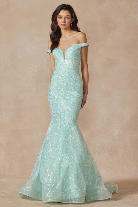 Juliet 2412's Mermaid Dress with Off-Shoulder Embellishments