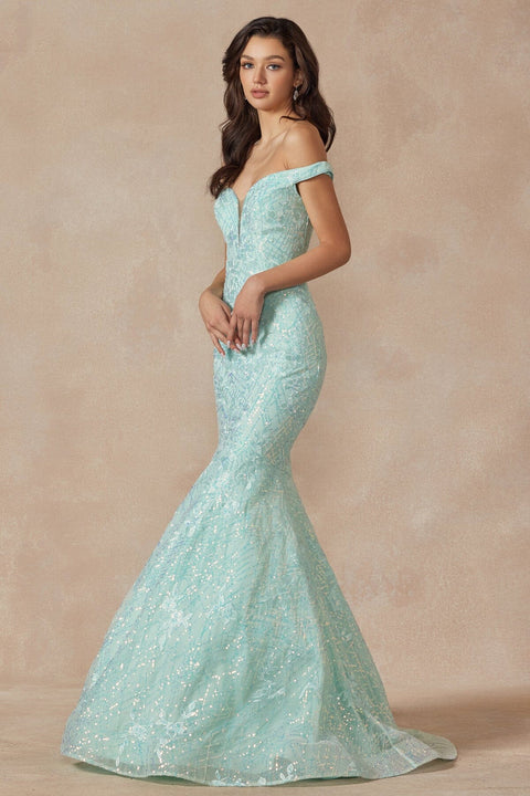 Juliet 2412's Mermaid Dress with Off-Shoulder Embellishments