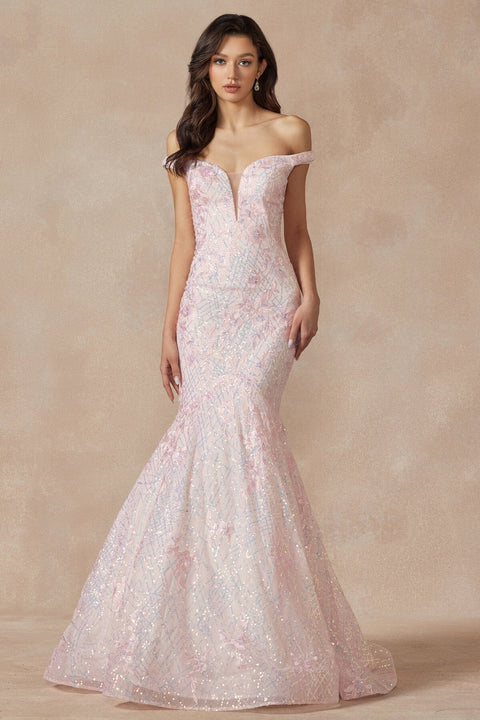 Juliet 2412's Mermaid Dress with Off-Shoulder Embellishments