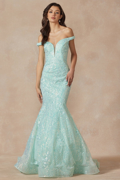 Juliet 2412's Mermaid Dress with Off-Shoulder Embellishments